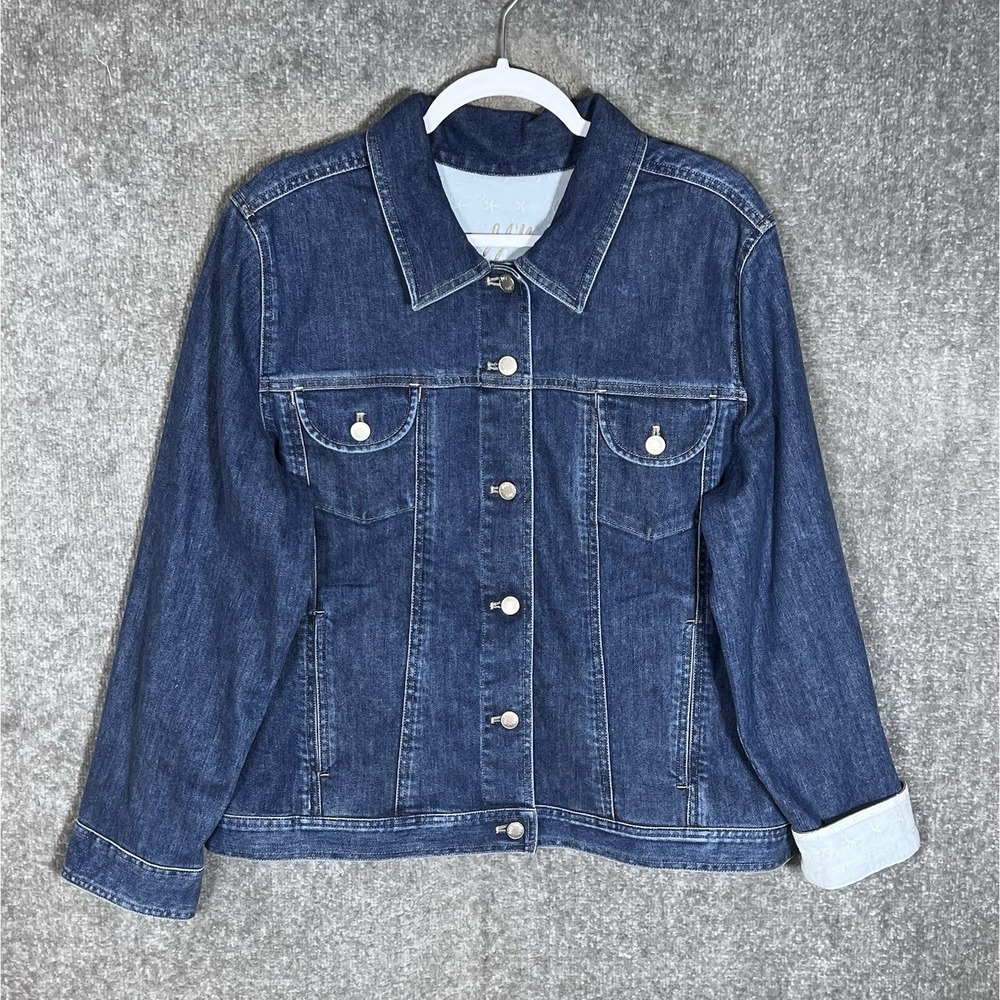 J Jill Contrast Cuff Denim Jean Jacket Womens Size XL Blue Stretch Lined Pockets